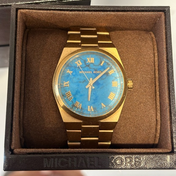 Women’s Michael Kors Blue Face Gold Stainless Steel Watch - Picture 1 of 9